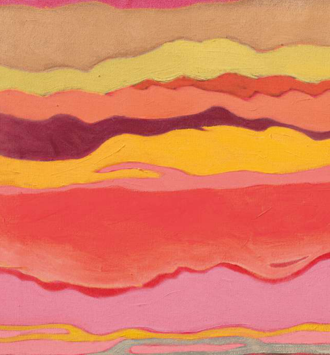 Stratified painterly landscape — coral, pink, burgundy, yellow, amber layers