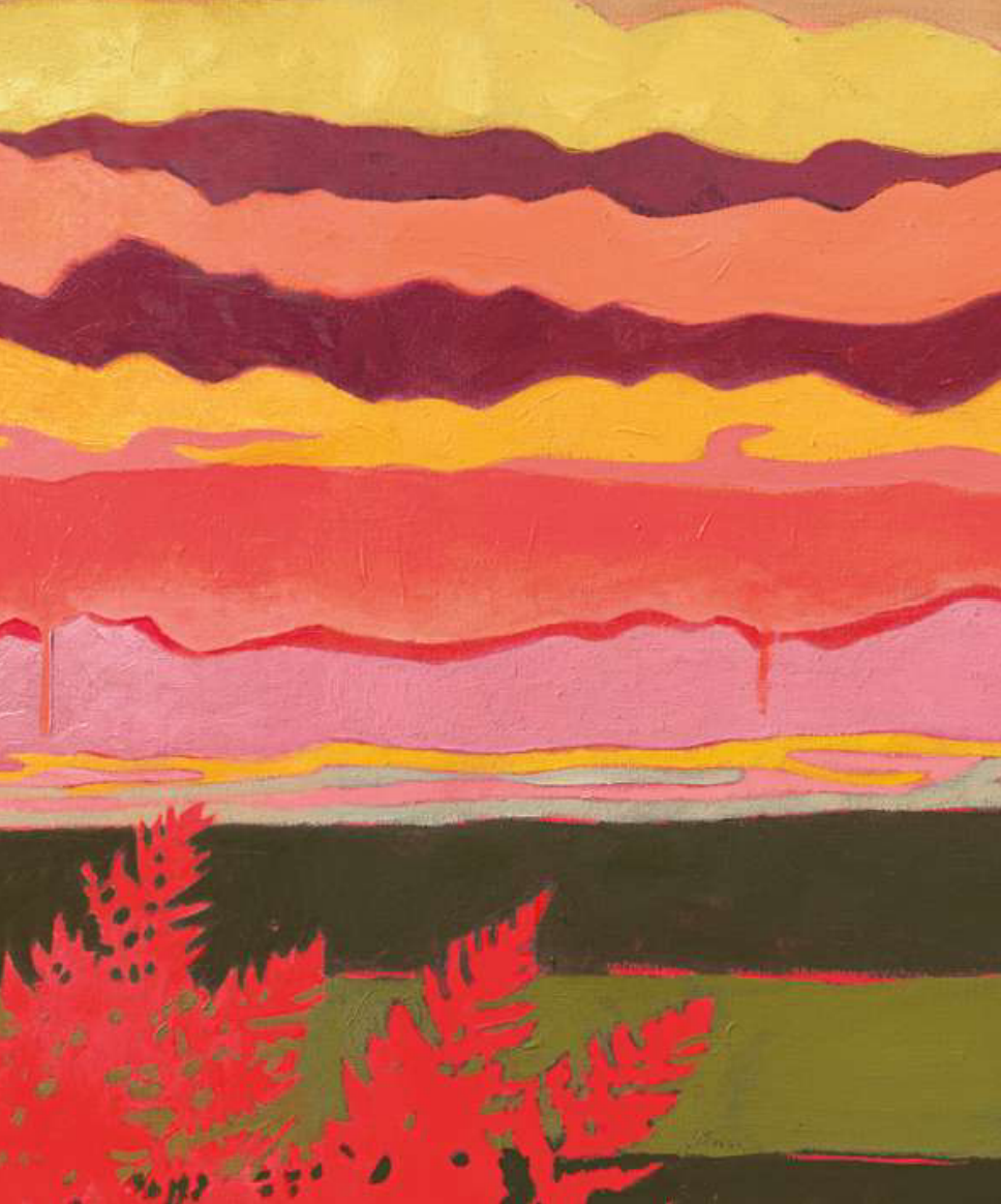 Stratified painterly landscape — coral, pink, burgundy, yellow, amber layers